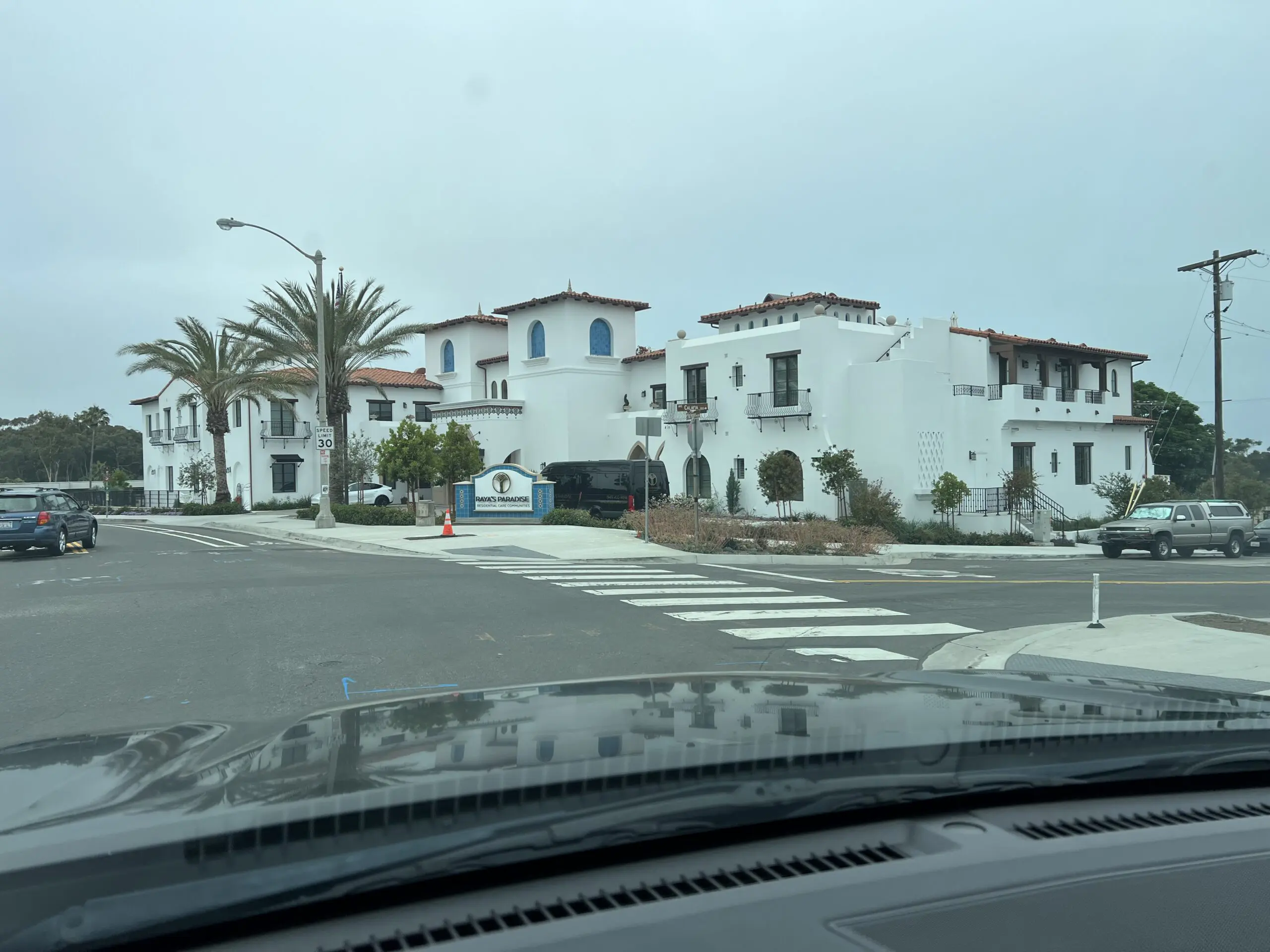 Car driving down a street lined with tall buildings, trees, plants, poles, lights, boards, and other objects
