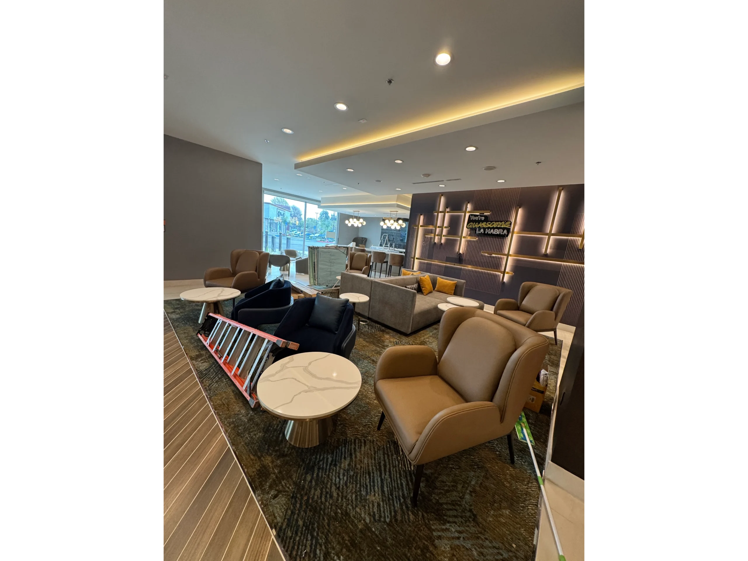 Large room with a variety of furniture, including sofas, chairs, tables, and a carpet on the floor