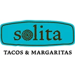 Blue label with the words "solita tacos & margaritas" written in bold black font